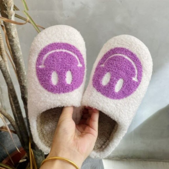 Purple and White Smiley Face Slippers with Soles - Picture 2 of 6